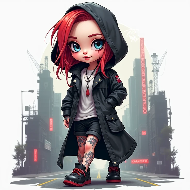 Create an image from a punk cartoon of a red-haired girl walking down the street pichada gothic style that the 3D design is a type of cyberpunk illustration more in tattooed caricature and white perfect face and all in 3D High quality 8K
