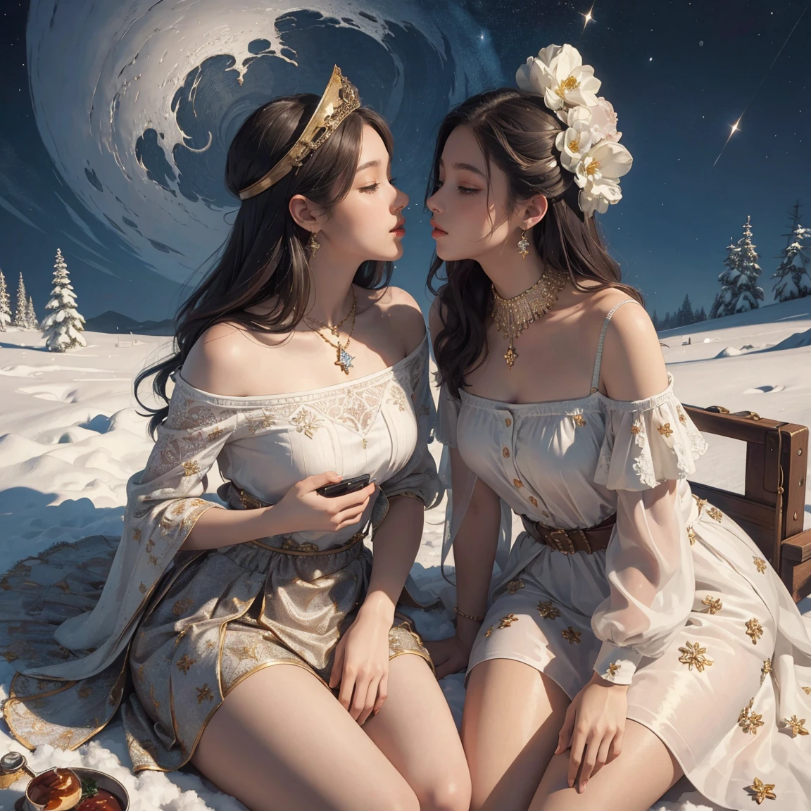 (masterpiece, best quality:1.5), oil painting by Leonardo da Vinci and Alfons Maria Mucha, (perfect anatomy), two gorgeous and stunning pale-skinned young pregnant goddesses is deeply in love with each other, kiss, fantastic make-up, jewelry, romantic atmosphere, snow and moon, magnificent panorama view