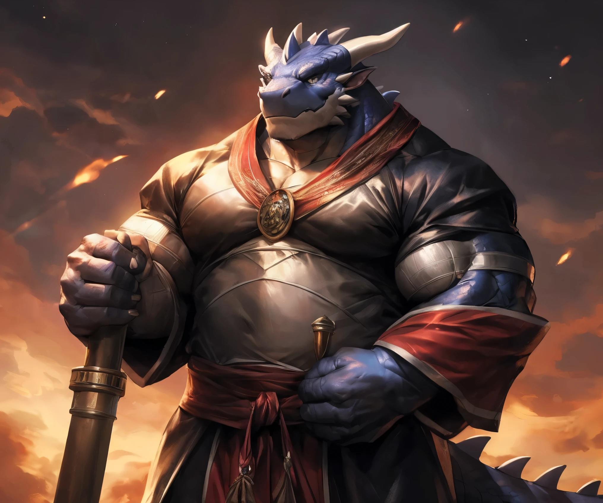 human nature , Cannon , Male, Lonely, (( the strong ,good-looking)), (dragon),Traditional knight's robe, standing,Traditional knight style, hand in hand cross , high quality , (4K, high quality , High resolution , masterpiece), Front view (Close-up), Cartoon,by lindong