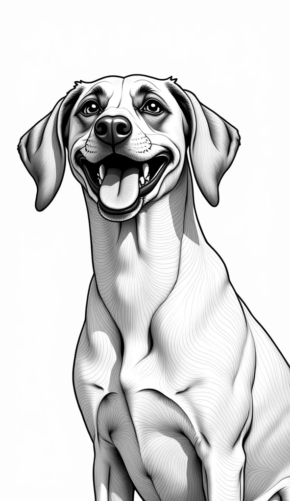 Coloring page, dog with a bone in mouth, cartoon style, thick lines, line art, white and black.