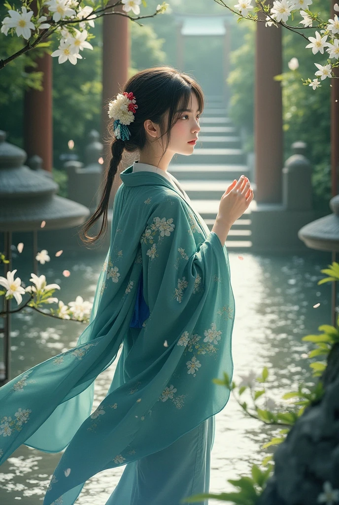 1 girl, Alone, From above, (White lily flowers), aesthetics, intricate, Better quality, detailed bottom , Sayaka Miki, ((girl wearing a patterned teal kimono:1.2)), ( walking in the zen garden), pose casual, detailed textures, posing, floral print, flower hair, hair ornament, Japanese clothes, kimono, Heart, outdoor, pagoda, petals, (teal kimono), track, sanctuary, sky, stone stairs, torii, wide sleeves, Yukata