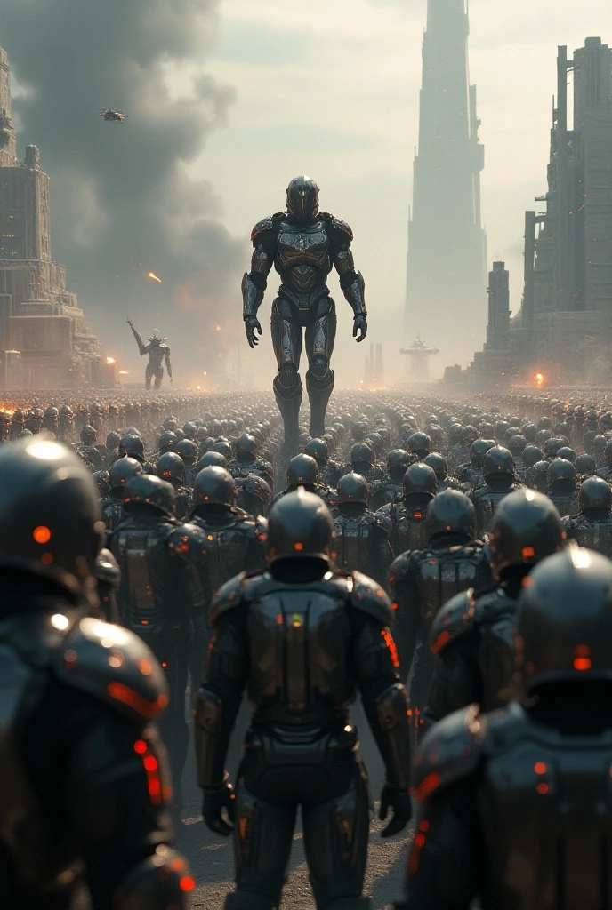 there are many people walking down the street with a giant robot in the background, still from the movie the arrival, rendering of beauty pageant, vfx shot, giant bugs, futuristic france, by Joaquín Clausell, soldiers, alien grey, russian opposition rally --auto --s2
