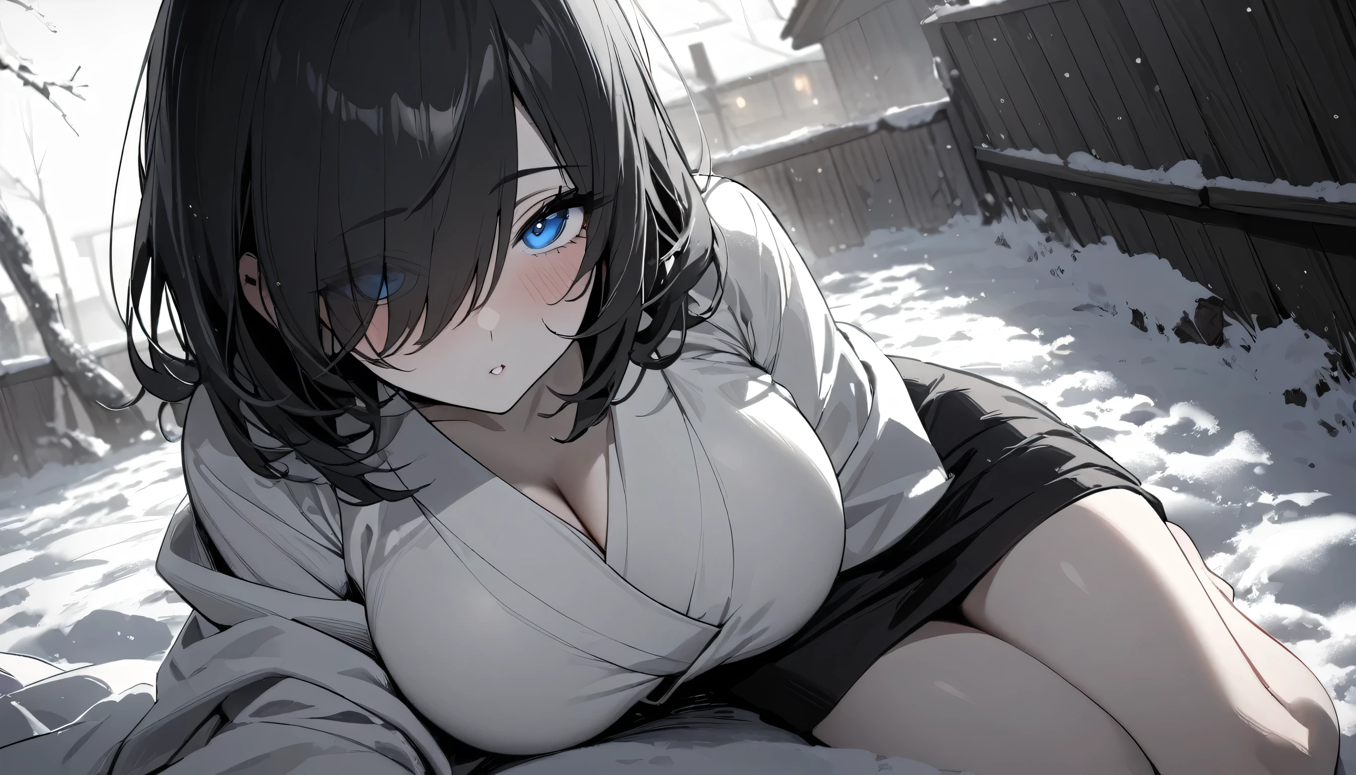 (One Person), (A Gorgeous 25 Years Old British Female Model), (Wavy Bobcut Black Hair:1.4), (Pale Skin:1.4),  (Detailed Oily and Sweaty Skin:1.2), (Wearing a Black Lingerie:1.4), (Busty Chest Size:1.6), (Sexy Lying Pose:1.4), (Open Legs:1.2), (Clean Armpits:1.2), (Snowy Forest at Night:1.6), Centered, (Waist-up Shot:1.4), From Above Shot, Insane Details, Intricate Face Detail, Intricate Hand Details, Cinematic Shot and Lighting, Realistic Colors, Masterpiece, Sharp Focus, Ultra Detailed,  Taken with DSLR camera, Realistic Photography, Depth of Field, Incredibly Realistic Environment and Scene, Master Composition and Cinematography