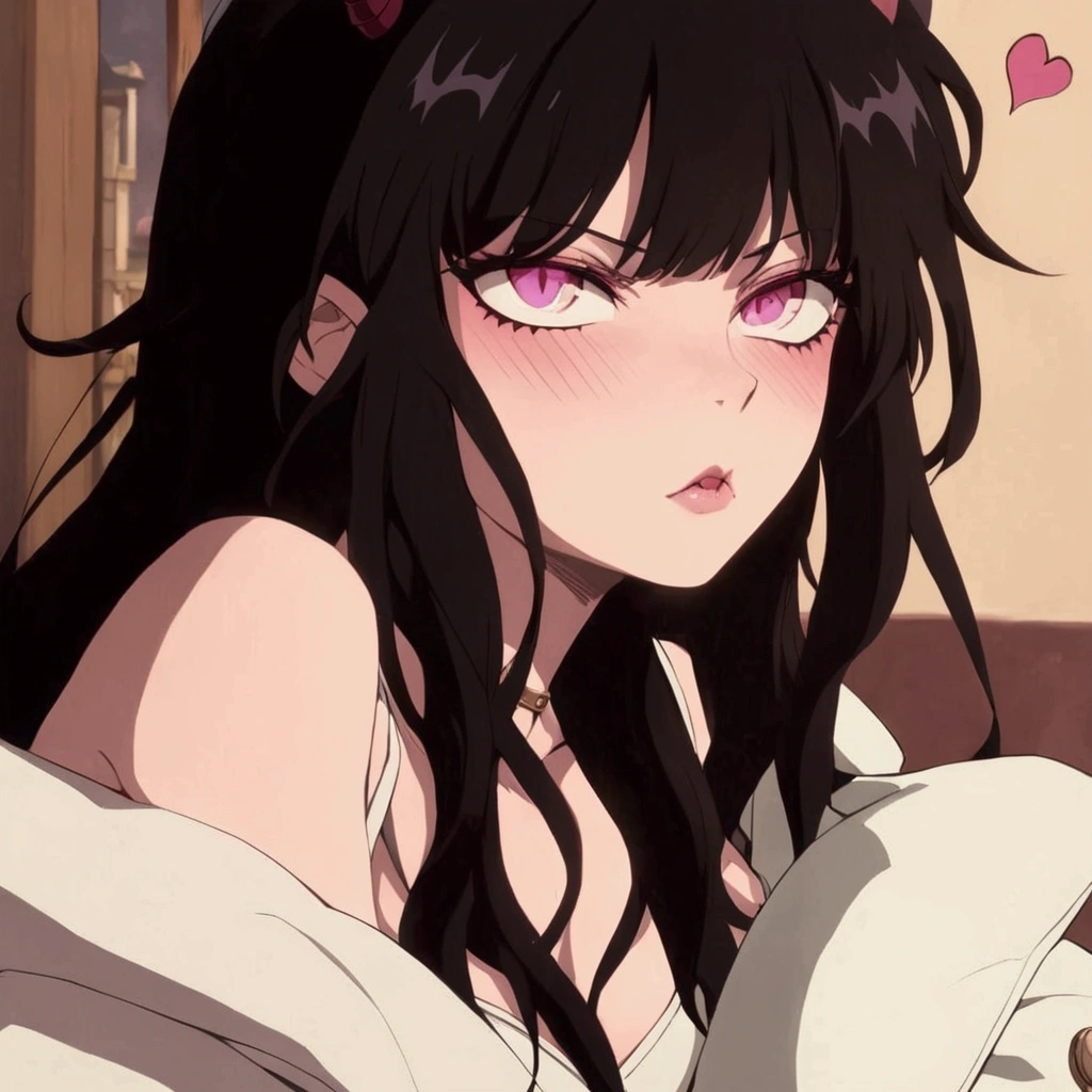Girl, big , dark hair, bed, Pussy, anime, blushing, drooling