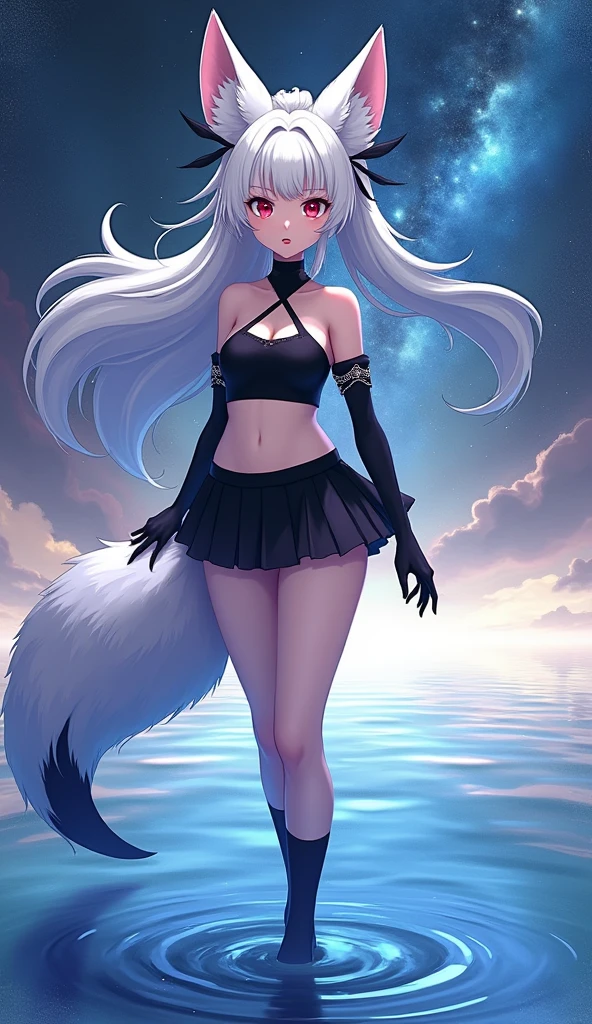 1girl, whole body, fox girl, long fox ears, long white hair with black details, ponytail, heterochromia, left eye is red with white slit pupil, right eye is white with black pupil, black bustier without neckline, black long silk gloves, small chest, black mini shorts, black legwear, no boots, white fluffy tail with black end, standing on the water surface, cosmic background, anime art style, (best quality,4k,8k,highres,masterpiece:1.2),ultra-detailed,vibrant colors,dramatic lighting