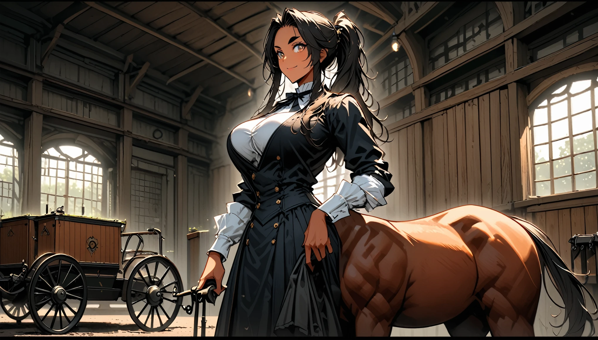 solo, female, (((centaur))), light tan skin, long hair, brown-black hair, ponytail, victorian era:0.5, very large breasts, broad shoulders, muscular, hazel eyes, horse ears, strong eyebrows, friendly smile, servant, very tall female, stable, coach, carts, manor garage, dingy working clothes, cowboy shot, close up:1.3, long arms, long torso, tending to equipment