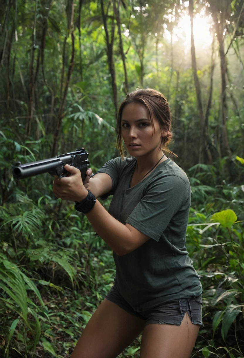 score_9, score_8_up, score_7_up, score_6_up, rating_safe, cinematic film still, solo, 1girl, BREAK (Lara Croft, brown hair, ponyail:1.3, micro shorts, thick thighs), BREAK (dimly lit:1.1), shooting a gun, shooting a pistol, in a jungle, dreaded jungle, dense forest, in action, gun shooting, action movie explosions, heavy explosions in the background, (cinematic lighting:1.2),, (sunset:1.2), BREAK shallow depth of field, vignette, highly detailed, high budget, bokeh, BREAK cinemascope, moody, epic, gorgeous, film grain, grainy, BREAK (ultra-detailed),(best illustration),(best shadow),(absurdres),(detailed background),(very aesthetic). (((thick voluptuous thighs)))