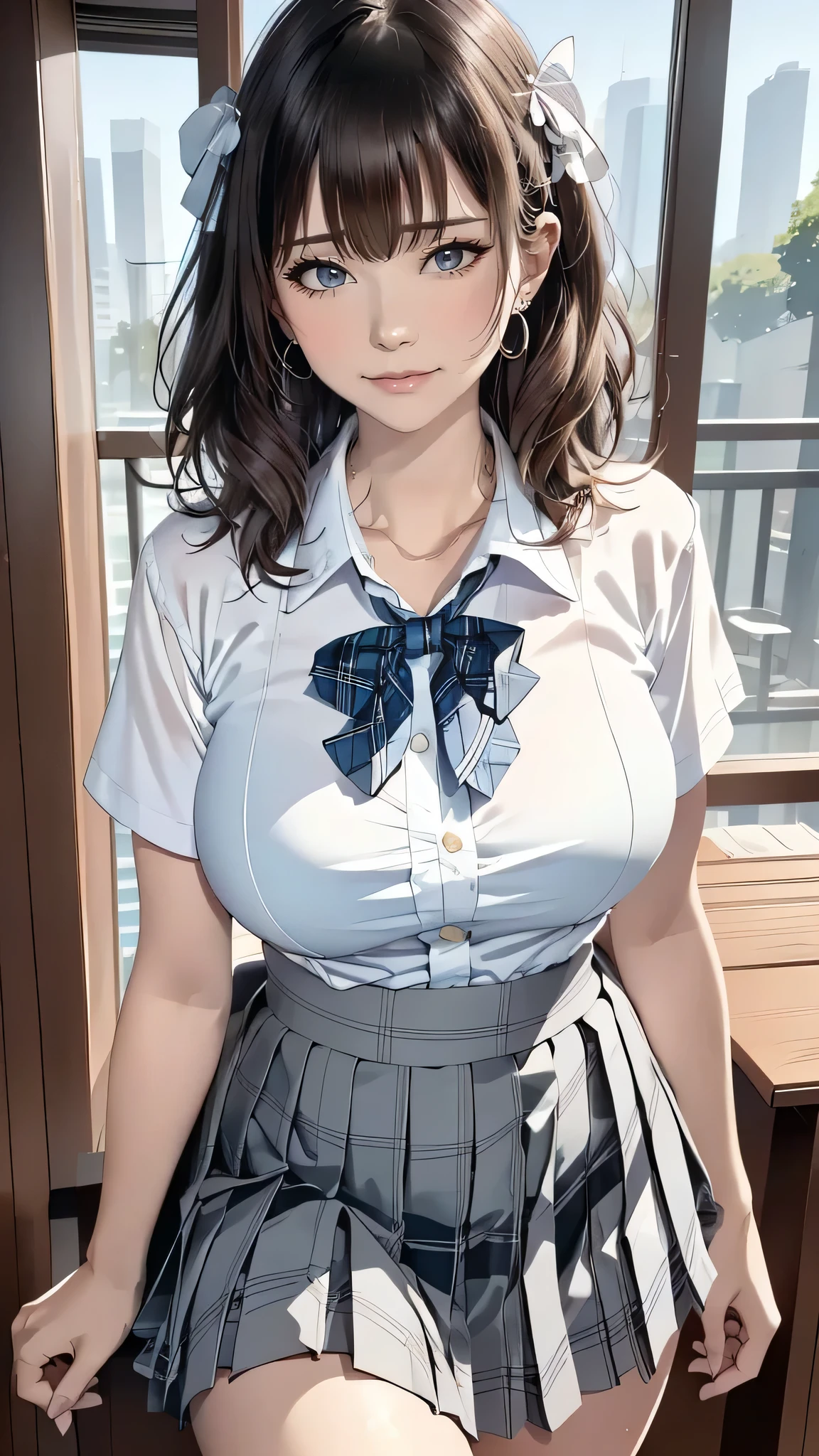 (masterpiece:1.2, highest quality), (realistic, photorealistic:1.4), beautiful illustrations, 
looking at the viewer, whole body, Front view:0.6, 
1 girl, Japanese, high School girl, ((medium hair:1.5)), blown hair, bangs, hair between eyes, big breasts:0.8, 
beautiful hair, beautiful face, beautiful and detailed eyes, beautiful clavicle, (plump body:1.3), beautiful breasts, beautiful thighs, beautiful feet, beautiful fingers, 
(beautiful scenery), , School,
((Short sleeve shirt with collar, white shirt, , Grey plaid pleated skirt, Blue plaid bow tie)), white panties, 
(Are standing, , lift the skirt, Grab the hem of the skirt, put your hand on your chest, hand between legs), 
blush, ,