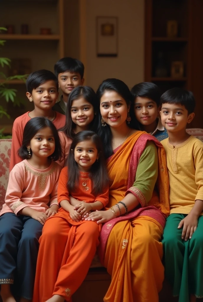 The man in the family portrait is dressed in a white shirt and vesti he is sitting in chair with his wife his age is 28 and his wife is wearing saree in red colour and wearing bangles and In back side there 2 girl children which is age 14,20 respectively are wearing kurti dress and one boy standing aside as a digital painting