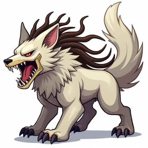 bone mask, pokemon creature, no humans, pixel style, white background,sprite, fox, white theme, predator, roaring, dreadlocks