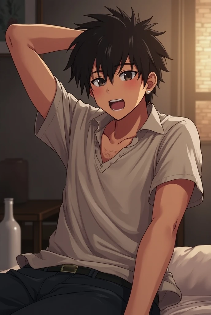 detailed skin,(masterpiece,best quality:1.4),Top Quality,High quality,Ultra detailed,insanely detailed,anime style,1 boy,(deep speep),close eyes,open mouth,Drool,bed,late night,dark room