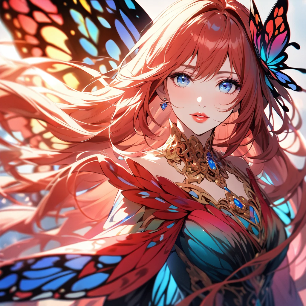 A beautiful woman with long, flowing hair, adorned with ornate jewelry and butterfly wings. She has piercing blue eyes, and her lips are painted a vibrant red. The background is a soft blur of colors and light.