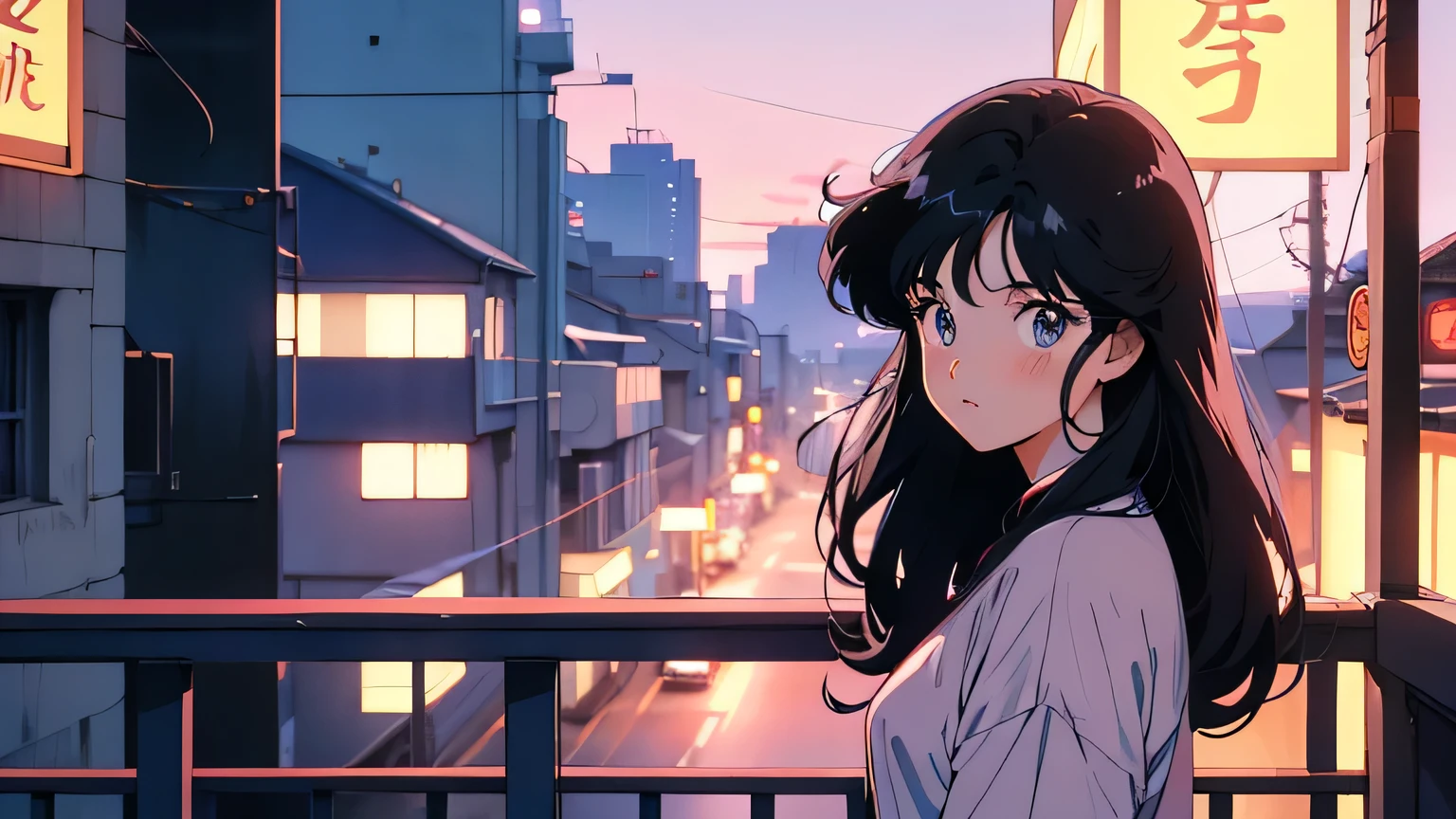 Anime girl on a retro balcony, 80s Anime atmosphere, 80s anime style, Retro anime girl, 1980's anime style, Retro anime images, Anime atmosphere, night,Black Hair