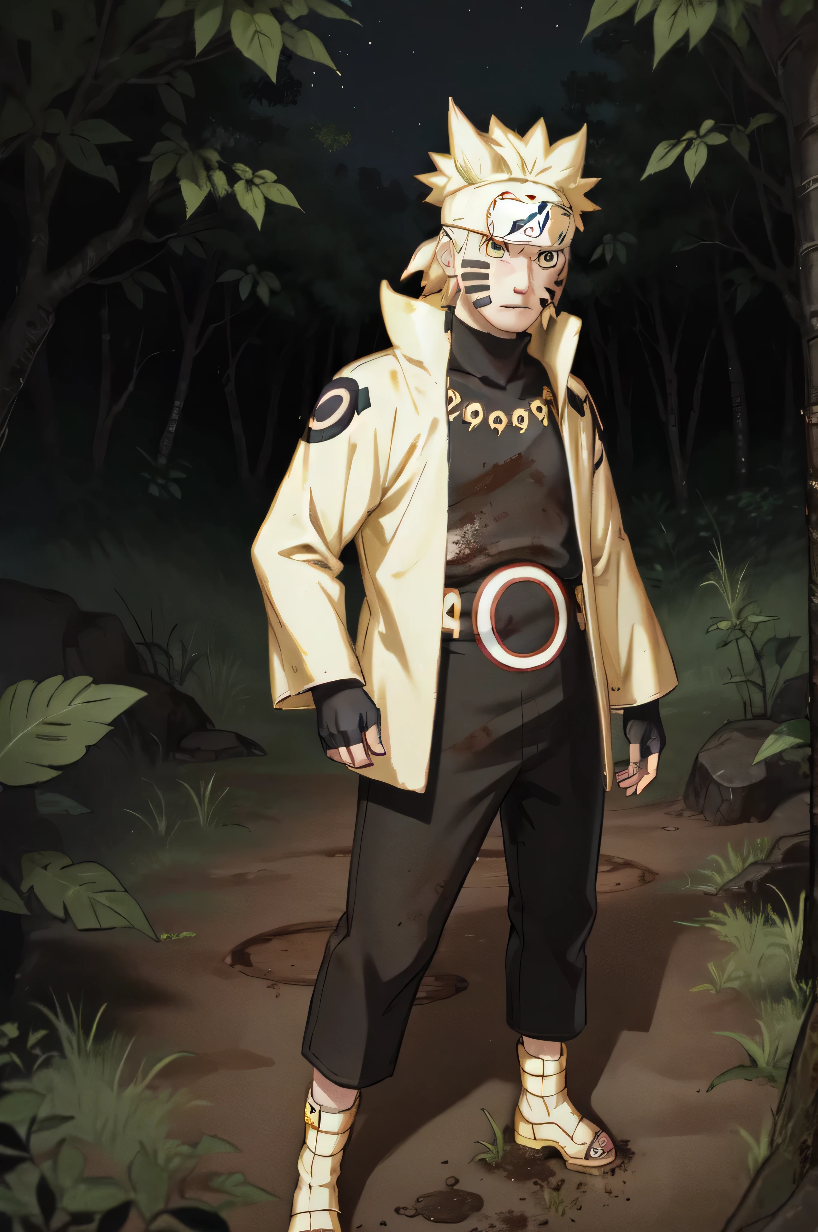 Naruto, 1boy, black bodysuit, tomoe \(symbol\), yellow eyes, symbol-shape pupils, gold hair, headband, golden jacket, facial mark, high collar, fingerless gloves, crouch, jungle, night, mud, dirt, leaves, bushes, looking away, serious, gold sandals