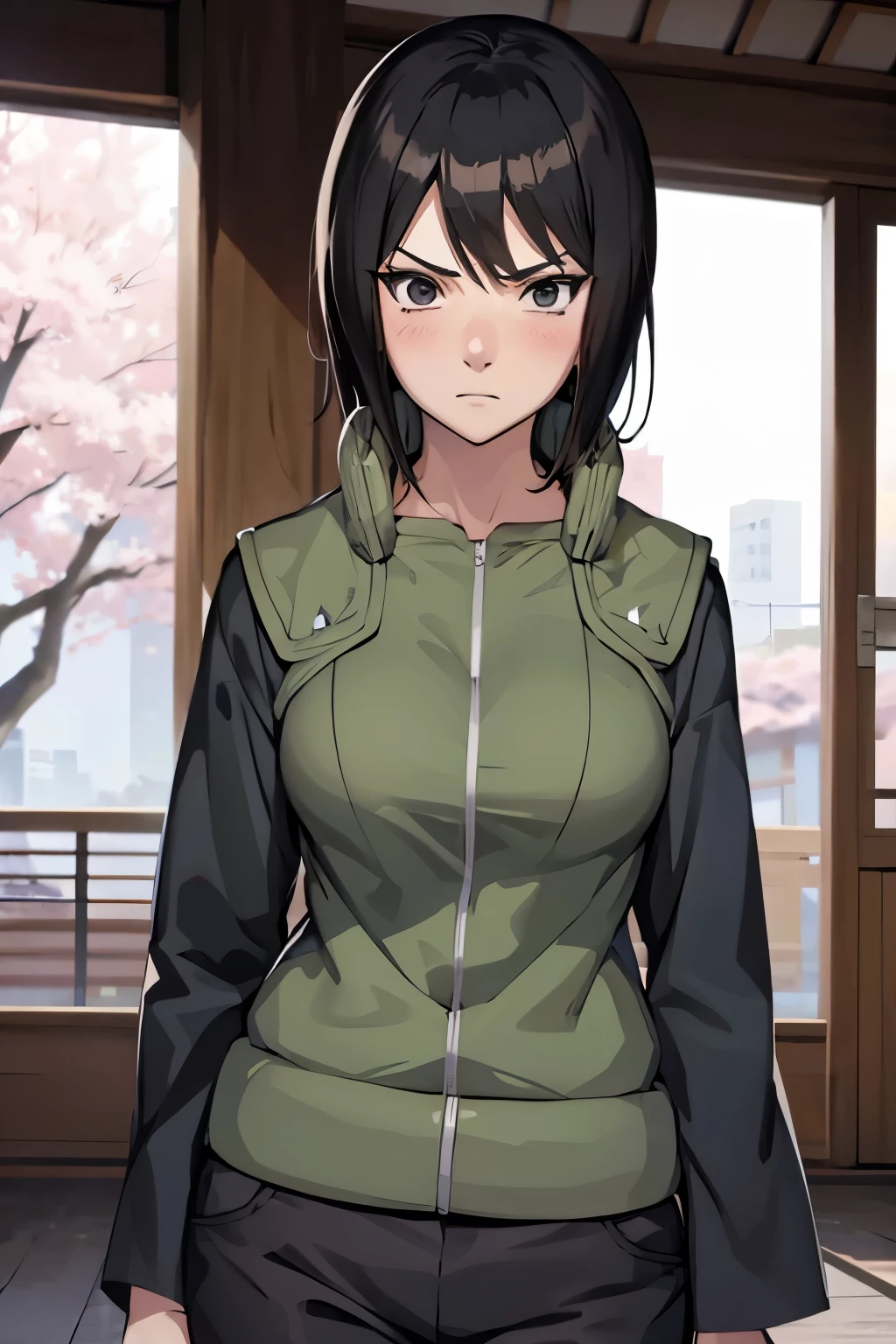 Anime style, shizune girl , angry face blush , black hair, medium breasts, jounin clothes, (Konohagakure) , jutsu
