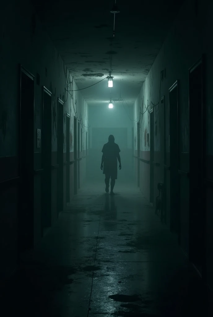 A picture in an old school in a long hallway where everything is old and abandoned and you look from the ego perspective and have a flashlight that shines in the direction of the hallway without people and at the top it says Lostplace Hunter
