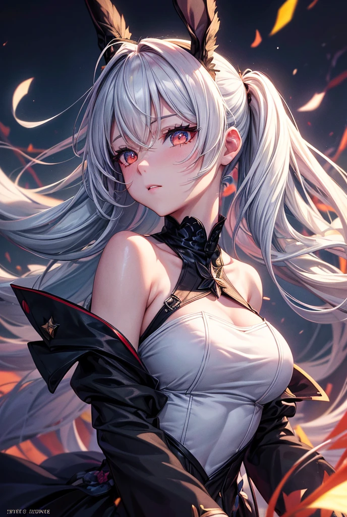 An adult woman half fox and wolf, wide breasts, red eyes, white hair, very angry, with an open little black dress, with her back turned, holding a sword