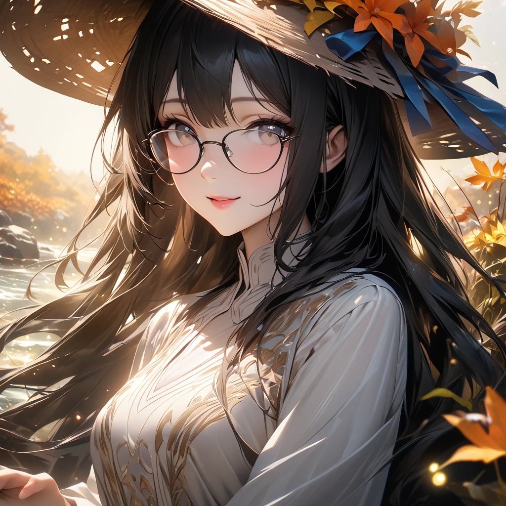 A highly detailed and visually stunning image of a ghostly is beautiful young asia , with a sweet and gentle face, She has long hair,shiny black hair with a soft glow, wearing mysterious black-rimmed glasses, and a wide-brimmed straw hat tied with a light blue ribbon. She smiles softly and looks directly at the viewer with gentle eyes. She wears Long-sleeved,closed-neck shirt,dressed in a long, elegant white dress with subtle luxurious details that maintain a simple, graceful style, she playing a glass piano professionally on White sand beach on the sea shore,autumn,field of fireflies,Beautiful Flowers with a glass surface that are blooming,clear river shimmers with light, full-body view reveals her entirely, holographic astral cosmic illustration, best texture, Exceptionally sharp and complex,masterpiece,hyper realistic,Perfect lighting,ultra hyper quality,Ultra hyper intricate detail