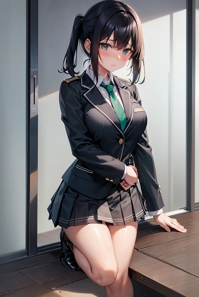 masterpiece, best quality,high resolution、realistic、Detailed、((extremely delicate and beautiful fabric):1.3)、 8k、large boob、 1girl, solo, skirt, jacket, shirt, blue eyes, white shirt, necktie, green necktie, black hair, pleated skirt, socks, diagonal-striped necktie, open jacket, open clothes, striped necktie, collared shirt, black jacket, black skirt, striped, blazer, short hair, long sleeves, bangs, , black socks, diagonal stripes, hairband, hair ribbon, ribbon, blue hairband, dress shirt, bow,  cowboy shot, smile,cleavage、classroom、(skirt lift:1.5)、side tie panties、