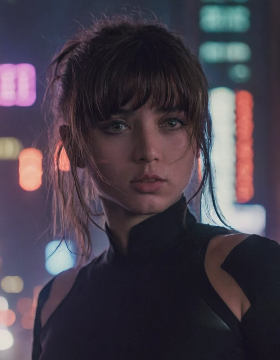 woman j0i, her hair styled with bangs  ,  spectacular lighting  ,volumetric lighting, film noise, cinematic ,looking at the camera, depth of field ,hips,In a black outfit , full frame, Cyberpunk cityscape in the background