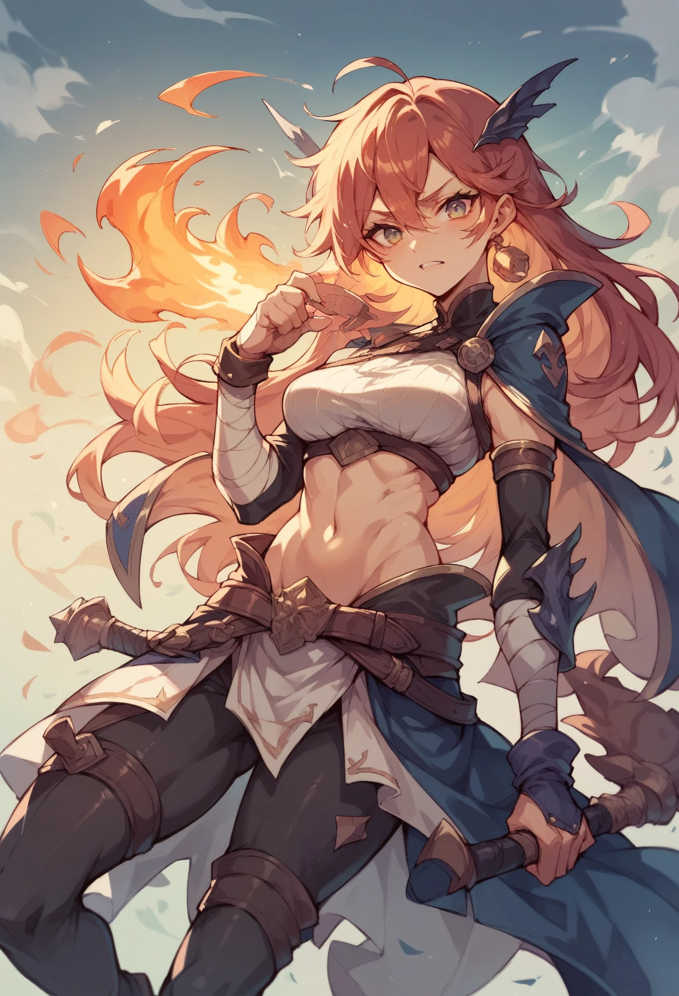 Adult female, fantasy, fantasy arena, bloody, happy, bloody smile, perfect smile, highly detailed, very short red hair, emerald green irises, barbarian, toned body, well-defined abs, thin robes, fighting, perfect detail, perfect eyes, black pupils, vibrant eyes