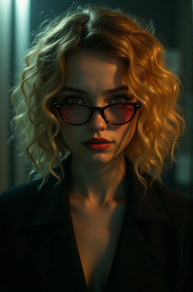 best qualityer, work of art, ultra high resolution, (photorrealistic:1.4), CRU photo, 1 girl, Off The Shoulder, huge cleavage, in dark, deep shadow, subtle, cool light, SFW, yellow hair, LARANJA E VERMELHO, round and large glasses.