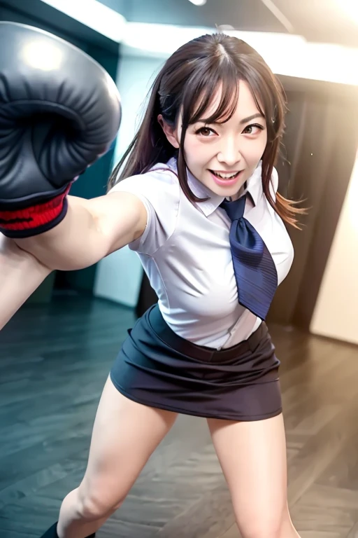 beautiful woman, active attacking pose, femdom, kick attacking motion to viewer, perfect body, big breasts, office-lady blouse skirt, fingerless gloves, light brown hair, mischievous smile, closer, depth of field, at fight ring,((viewer hands frightened struggle by being oppressed))