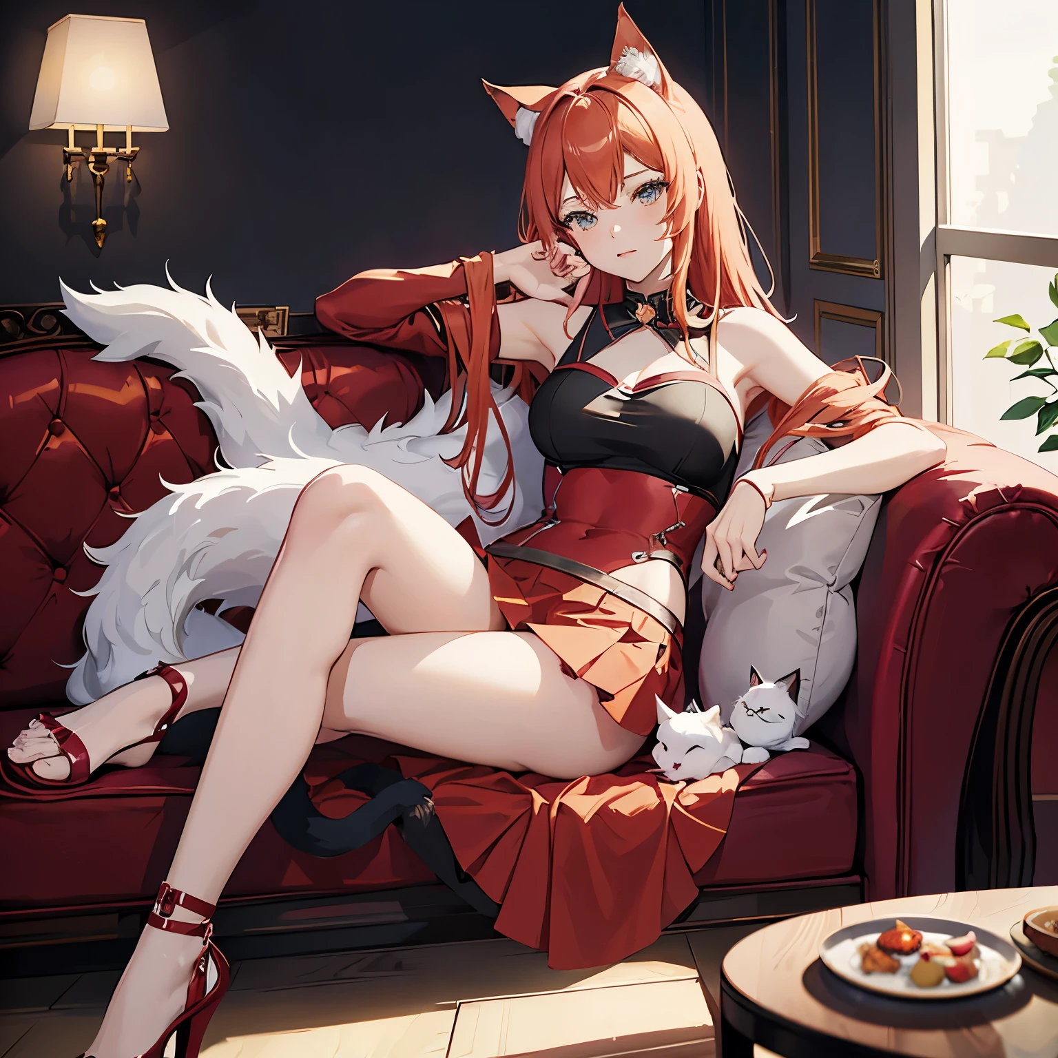 anime, a woman in a red skirt and a cat ears is laying on a couch, seductive anime girl, holo is a wolf girl, beautiful anime catgirl, anime catgirl, very beautiful anime cat girl, anime girl with cat ears, anime cat, cute anime catgirl, realistic anime cat, a hyperrealistic schoolgirl, rin, (anime girl)
