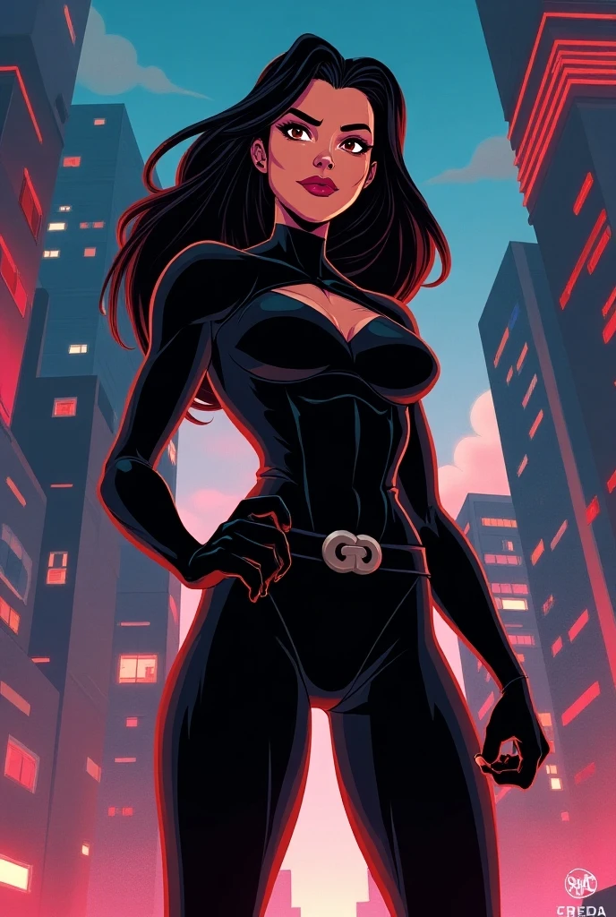 Create a female character in the Marvel comics style, character must be facing away and face in half profile, medium breasts, wearing a black leotard and high heel boots.