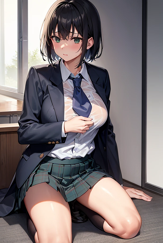 masterpiece, Very good Top, High resolution, One girl, alone, skirt, Jacket, shirt, blue eyes, White shirt, tie, Green tie, Brunette Pleated skirt, socks, Diagonal Stripe tie, Cardigan coat, Cardigan Jacket, Striped tie, Collared shirt, Black Jacket, Black skirt, Striped, blazer, short hair, Long sleeve, bangs, , Black socks, Diagonal stripes, head band, head band, ribbon, Blue head band, Dress shirts, bow, Denim Shot、Nipples are visible