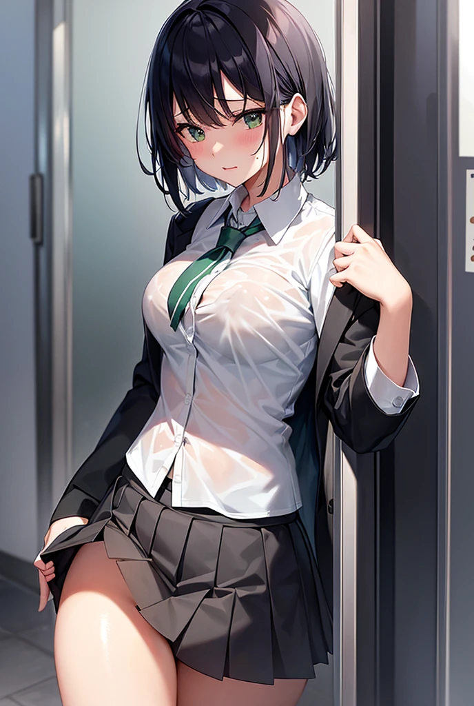 (1 person、solo), Beautiful woman, (high definition beautiful eyes), Anatomically perfect body, Slender、(OL, Short sleeve blouse),(Pencil Skirt、Pull the skirt down with both hands:1.3), (Pussy juice:1.2)、(Leaning forward、Look down), 20-year-old、(highest quality)、Black Hair, (half updo)、(8k, High resolution)、(shy:1.3)、Mid-chest, (steam:1.1), (embarrassed:1.4), Erect nipples、(Inner thighs), wide shot