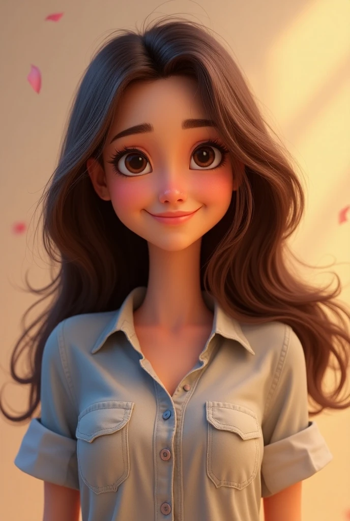Create a 3D Movie Poster Inspired by Disney Pixar, The scene should be in Pixar's signature digital art style, with a caricature image representing a young woman, with long brown hair, with a purple blouse and white background.