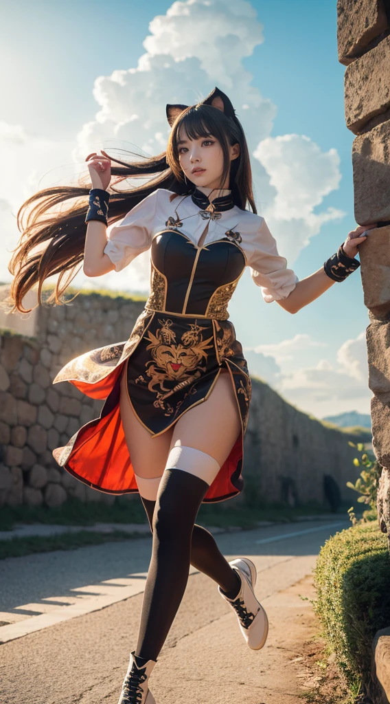 (masterpiece, best quality:1.2), cowboy shot, momiji, ninja gaiden, 1girl, solo, long hair, breasts, looking at viewer, large breasts, black hair, gloves, holding, cleavage, bare shoulders, brown eyes, yellow eyes, ponytail, japanese clothes, elbow gloves, white gloves, fingerless gloves, scarf, holding weapon, high heels,   ninja, hip vent, naginata <lora:MOMIJI-15:0.8>