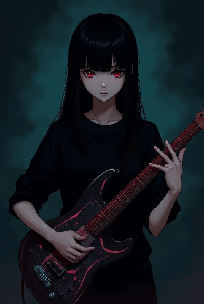 (masterpiece, best quality), 1girl, 16yo, realistic, black dress, red tie, goth, (red panties), upskirt, (red electric guitar), standing, vibrant colors, abstract background, lines geometric, night, dark theme, high contrast, deep shadows