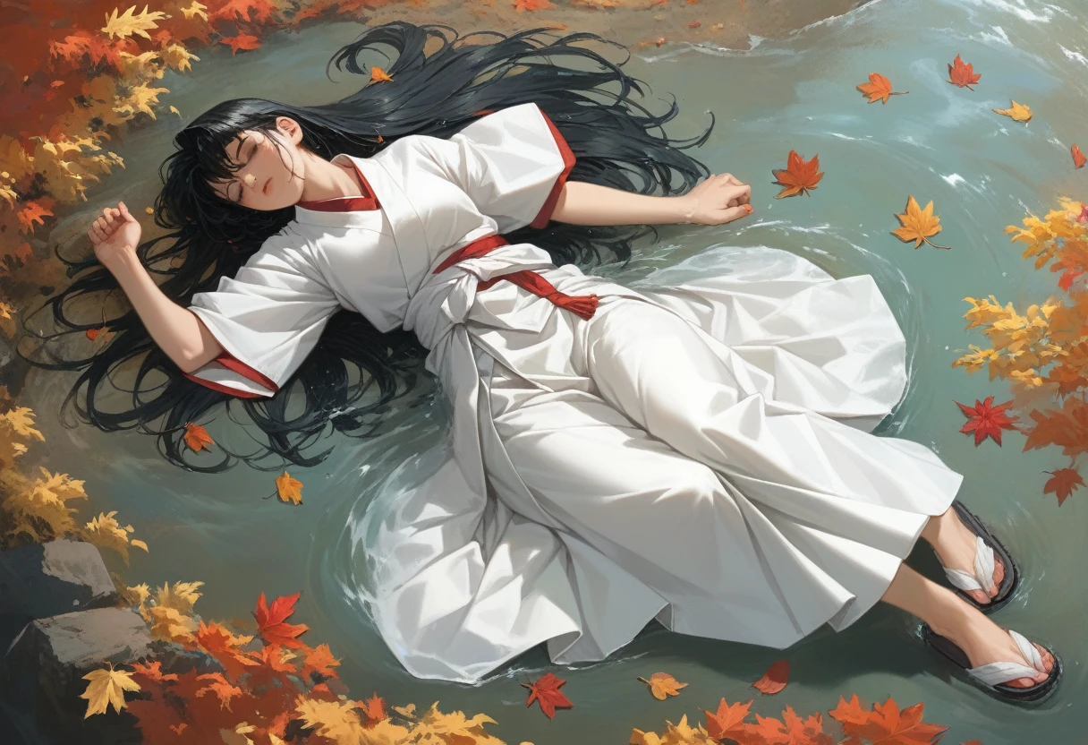 (high resolution,from above,game cg, dutch angle)（Sanctuary Springs ）(Full body view) 1girl((female ) (Black Hair、 long hair)(lying on back)（White,Scarlet hakama,tabi）(,wet,,afloat）Girl drifting on the surface of the water with autumn leaves