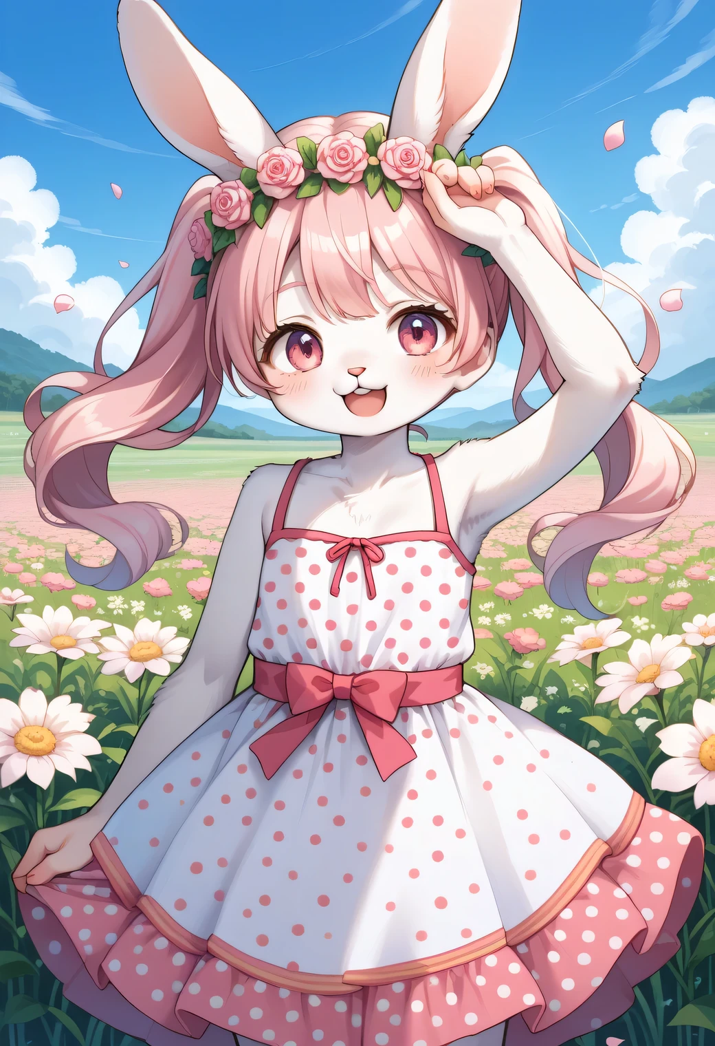 score_9, score_8_up, score_7_up, score_6_up, score_5_up, score_4_up, source_anime, best quality, amazing quality, very aesthetic, absurdres, 1girl, (furry, kemono1.1), rabbit, solo, dress, flower, pink hair, smile, looking at viewer, open mouth, long hair, sleeveless, blush, head wreath, twintails, outdoors, sleeveless dress, petals, polka dot, floweeld, arm up, sky, cowboy shot, field, blue sky, :d, bare arms, bare shoulders, day, multicolored clothes, pink flower, polka dot dress, pink eyes, standing