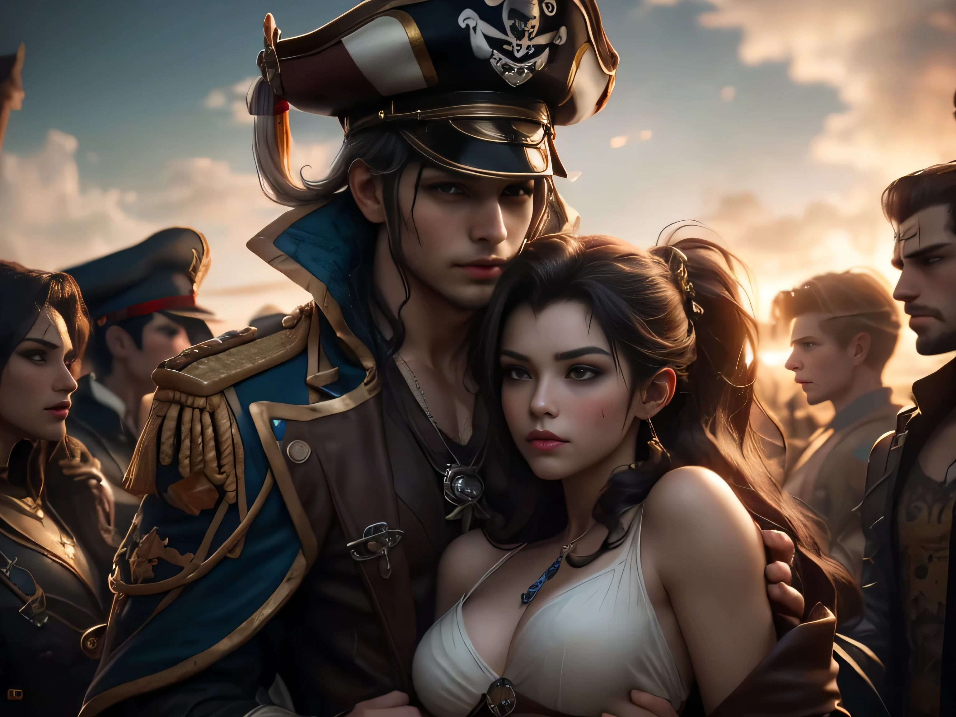 (Best Quality, Super Detail, Masterpiece, Representative Work, Official Art, Professional, Super Fine Detail, 8k:1.3), (Photorealism:1.2), (Couple, Beautiful Girl and Boy), Pirate beauty and handsome man Pirate, Handsome guy hugs beautiful girl from behind, Jolly Roger in the Sky, British Coat of Arms on the Body, Sawed-Off Shotguns, A Crowd of Thugs. They Are Not Afraid of Death, Nimble as Hell, And Stoned with a Plan, The Captain's Pride, Correct Proportions, Perfect Face, Perfect Hands, Sweet Atmosphere, Photorealistic, Sharp Focus, Dreamy Atmosphere, Delicate Details, Soft Volumetric Light), (Backlight:1.3), (Cinematic:1.2), Intricate Details, (ArtStation:1.3)