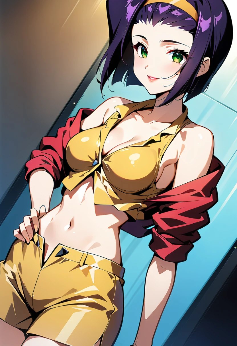 (anime artwork, Anime Style, Studio Anime, Very detailed, up to date, Vibrant, Anime Coloring, High Contrast, masterpiece:1.2, highest quality, Best aesthetics), Cowboy Bebop_Artistic, Faye Valentine, 23 year old woman, (Purple Hair, short hair, Green Eyes), (Yellow headband, Yellow sleeveless shirt, Cropped tops:1.2), (Red jacket:1.2), Expose your shoulders:1.4, (Yellow hot pants:1.4), (White boots), (Dynamic Angle), Simple Background, Plain background.