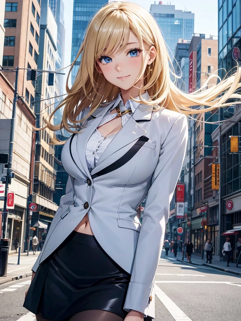 Anime style, super fine illustration, highly detailed, beautiful detailed, perfect detailed, super high quality image, static representation, gentle expression, happy expression, the pretty image, super stylish, 8k, beautiful face, handsome face, perfect & pretty 1girl with blonde straight short hair & blue eyes & a bright smile & full bust & soft fair skin is a female supervisor who is not to show her skin wearing big light blue business shirt & black summer tailored jacket & black tight skirt & black pantyhose on the urban business buildings street, in the morning, solo, perfect fingers, no more fingers, no less fingers, perfect arms, no more arms, perfect legs, no more legs, no more hair, masterpiece.