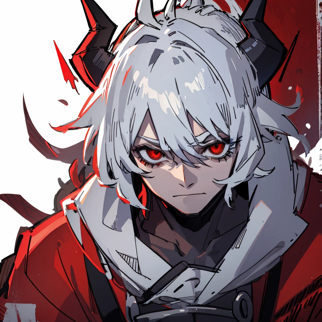 High quality, male demon character, black horns, white hair, messy hair, red eyes, red button up, portrait