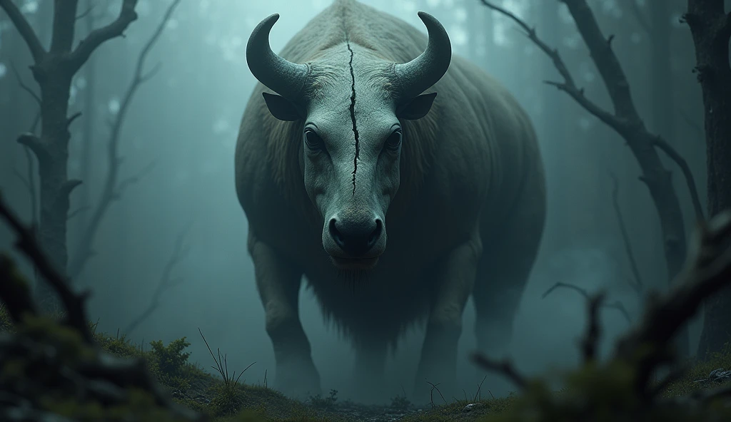 A unique animal with the traits and characteristics of a bull, wolf and monkey, that looks imposing while walking at night in the moonlight through a forest. He is a little tired, Worn out but brave and seasoned, It should be realistic