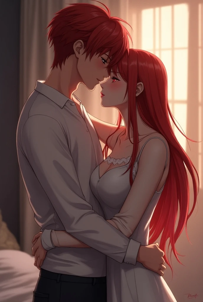 a 22 year old girl hugging her boyfriend. she has long red hair, red eyes. Her boyfriend has brown short hair and brown eyes, he looks into her eyes. View from the side