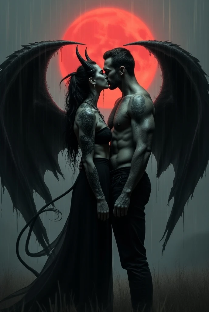 A grey muscular man with a 12 pack and fit body with no shirt on and dark black pants and yellow eyes with really huge wings black and red coming from his back and his body covered in tattoos and black horns coming from the top of his head standing in the center of a circle with a star and fire coming from the ground end everything around him on fire. Standing next to him is a beautiful female with a nice bust and perfect bottom with long black and red hair glowing eyes and huge black wings coming from her back also she has tattoos on her body and her hands has fire coming out of them.