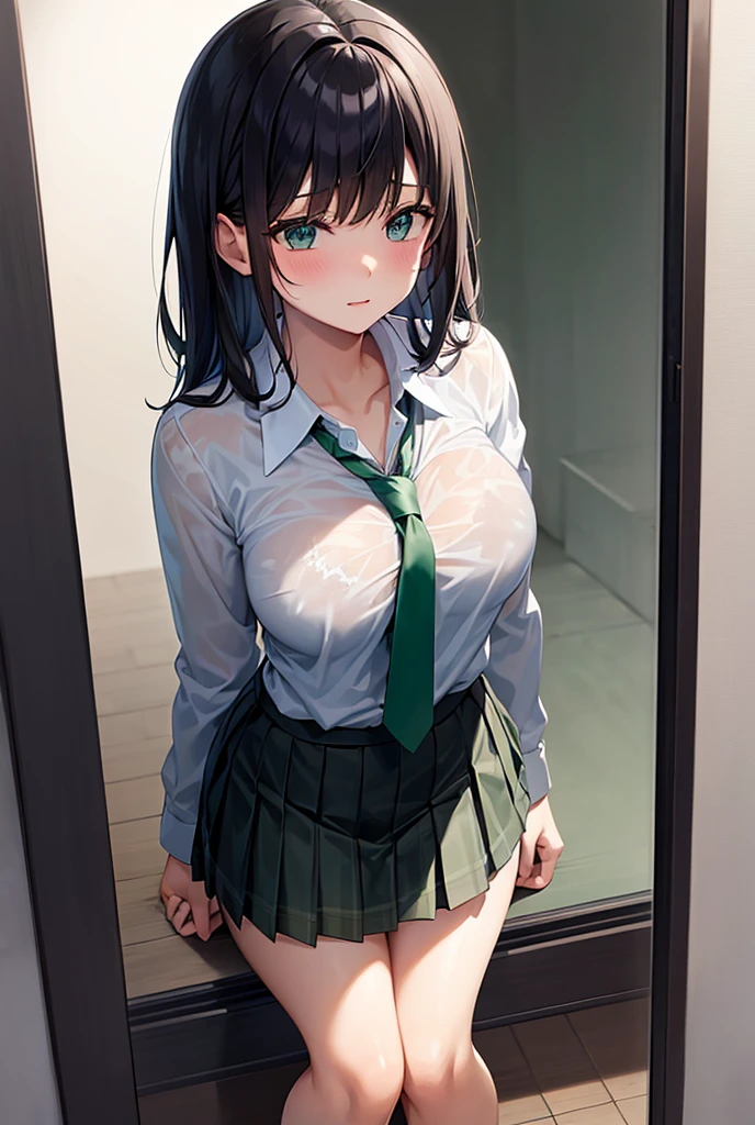 ((best quality)), ((masterpiece)), ((detailed)), (((perfect face))), (((slender 18yo teenage girl))), (((medium breasts))), ((((topless)))), (((dark blue pleated skirt))), ((dark brown hair)), ((short ponytail)), (((blue eyes))), ((shy:1.2)), ((blushing:1.3)), (((individual desks, wall, window))), (((bare chest))), ((bare stomach)), ((bare shoulders)), (((bare arms))), (((open mouth))), (((girl looking away))), (((bare thighs))), (((view from under))), (((walking)))