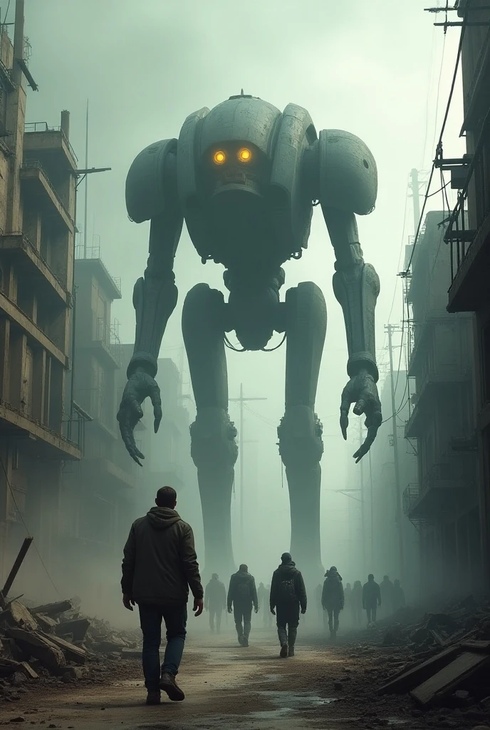 Cyber foggy style destopik street population robots humanoids old destroyed orange creepy metallic fringed with cables from their faces, talking to each other, destopyc cyberpunk street with other robots in the street their orange masks are orange and grunge and their eyes are lights,foggy street with some light spots, realistic sizes,very sad robots dressed like human poors in front of an old shop exposing old televisions they must be seen by back and are looking in front of the vitrine by back,in background a crowded very big building futuristic and sad with gigantic tower red illuminated tripod controling population with lighted eyes and cables from their bodies in train station, change point of view like we see the image from a 70 s car,in a market street ,