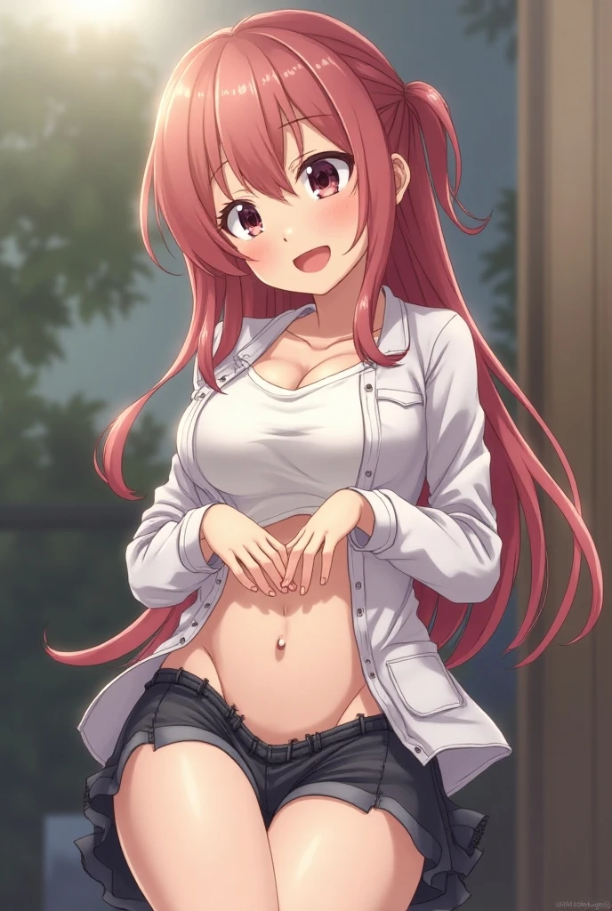 masterpiece, ((ultra detailed background, delicate pattern, intricate detail)), (highly detailed, fine details), best quality, beautiful lighting, ((medium breasts, slim girl)), NamiFinal, ((no shirt, red skirt)), simple shirt, 1girl, orange hair, solo, long hair, jewelry, brown eyes, smile, earrings, covered shoulders, (complex detailed background, inside, room environment, wooden walls, window, light rays), (cowboy shot), skirt up, red panties, smug face, wet panties, red panties, exposed breasts, licking lips, opened shirt, exposed breasts, pierced nipple, choker necklace,