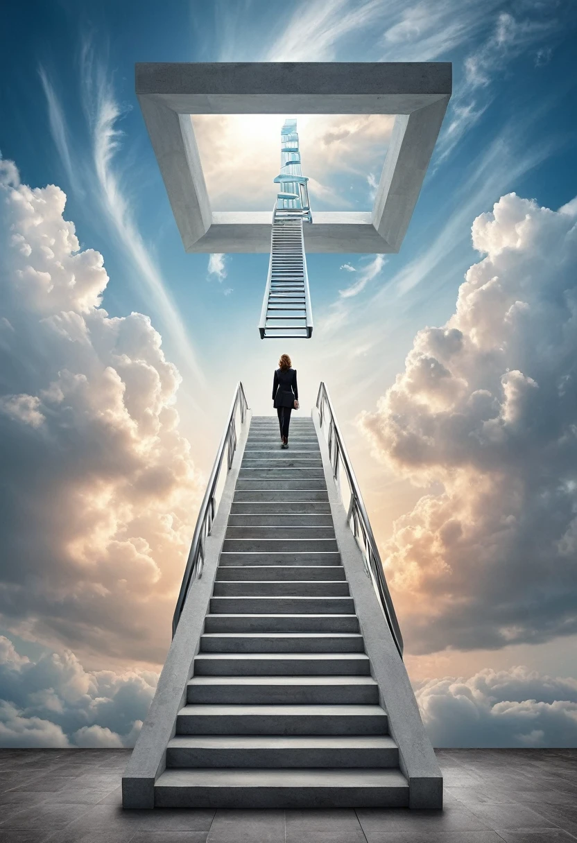  an image of a 3d staircase, only in square format, And on this ladder a woman in a suit climbing those stairs , realialismo absolutomas in art format e que cause curiosidade, in art format, in 3D, lateralized, with colors, but that looks like a staircase going up to the infinite sky, with colors vivas, and next to the stairs they look like a sky */*/*/*/*/*/*//*/ with an image of absolute realism that leaves the person reflective, ladder with the shape of the word you can /-/-/-**-/--/