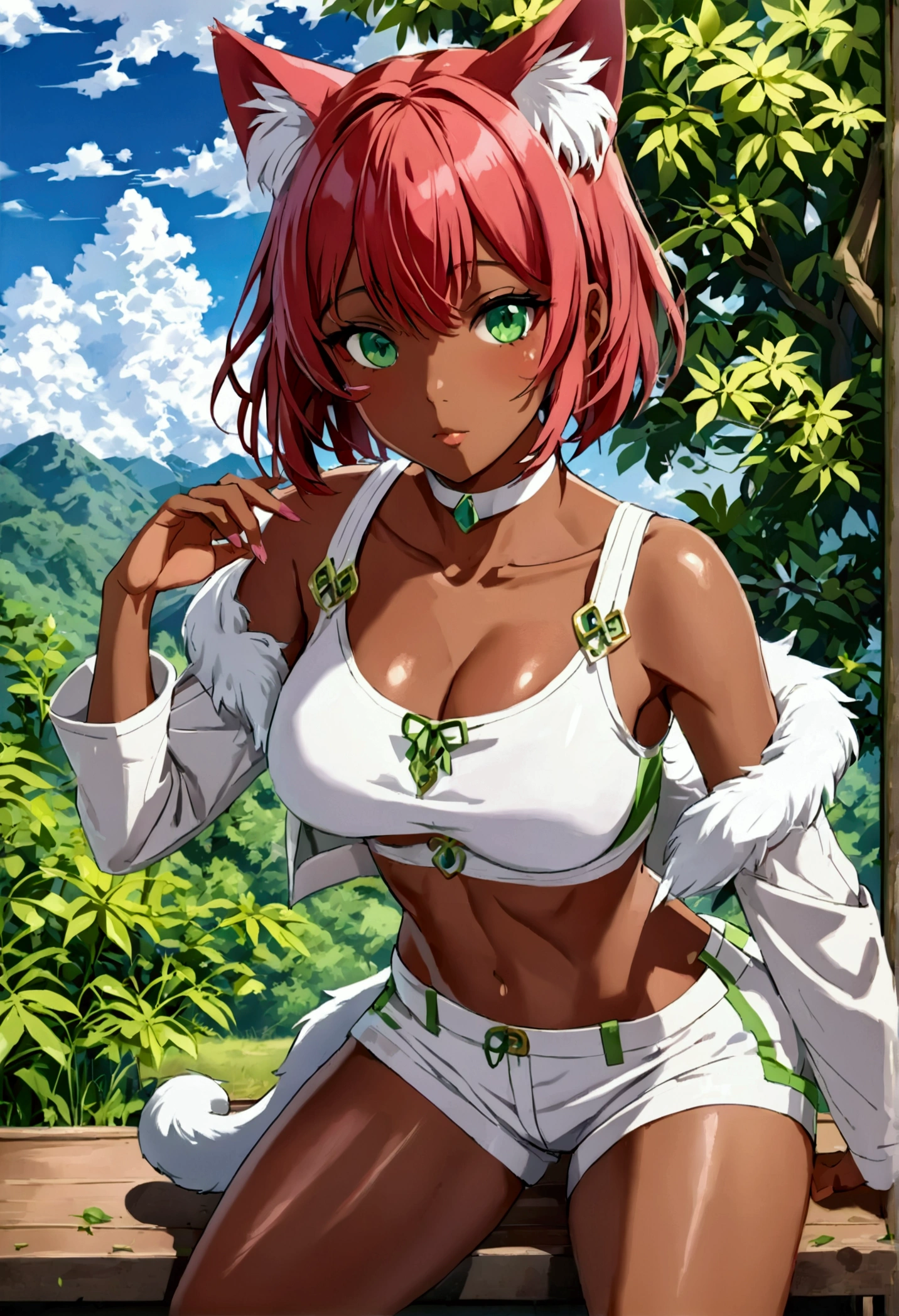 (A beautiful young Japanese woman), nsfw, Detailed Background, (((独奏))), ((Excellent anatomy: 1.2)), (Pink Hair, short hair), Big Tits, (dark skin:1.5), (green eyes), (Beautiful Eyes), (((Golden extreme string micro bikini))), (grin), Earrings, Crouching on the grass in the park, Beautiful thighs, spread legs, steam fog, arms up,