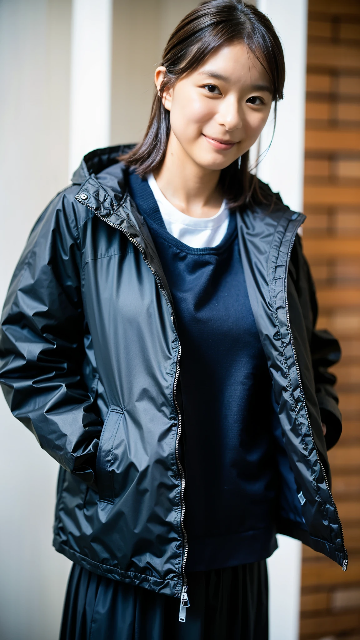 Best Quality,masterpiece, super high definition, High Definition RAW Color Photo ,Professional photos, Natural creased texture ,Fine skin, hyperrealism , Japanese Women, DARK BLONDE HAIR ,(face focus,Close-up of face,arms behind back,Cute smile,((black puffy jacket))),(gigantic breast)