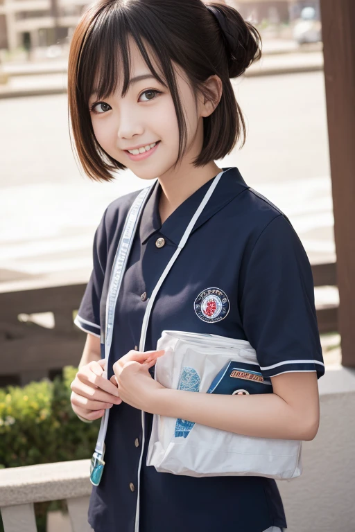 ((Best Quality)), ((masterpiece)), (a girl wearing a japanese student uniform, one of his hands is placed on his waist while the other is pointing towards the viewer with a thumbs up gesture, anime style, short sleeve, perspective in 3/4), ((1 hand on the waist)), (skirt), (short hair), ((student))